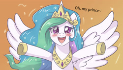 Size: 4822x2755 | Tagged: safe, artist:sumin6301, character:princess celestia, species:alicorn, species:pony, bipedal, blushing, bronybait, crown, cute, cutelestia, dawwww, female, happy, implied straight, incoming hug, jewelry, looking at you, mare, open mouth, regalia, smiling, solo, spread wings, wings