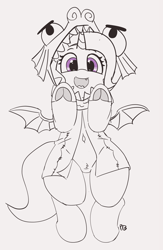 Size: 2883x4427 | Tagged: safe, artist:pabbley, character:trixie, species:pony, species:unicorn, episode:uncommon bond, g4, my little pony: friendship is magic, 30 minute art challenge, bat wings, belly button, board game, clothing, costume, cute, diatrixes, dragon pit, female, looking at you, monochrome, open mouth, partial color, solo, underhoof