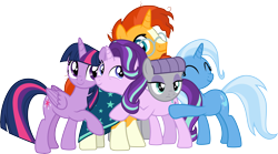 Size: 5394x3001 | Tagged: safe, artist:cloudyglow, character:maud pie, character:starlight glimmer, character:sunburst, character:trixie, character:twilight sparkle, character:twilight sparkle (alicorn), species:alicorn, species:earth pony, species:pony, species:unicorn, episode:uncommon bond, g4, my little pony: friendship is magic, .ai available, female, group hug, hug, male, mare, simple background, smiling, stallion, sunburst gets all the mares, transparent background, vector