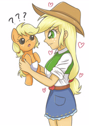 Size: 2893x4092 | Tagged: safe, artist:sumin6301, character:applejack, species:earth pony, species:pony, my little pony:equestria girls, age difference, baby, baby applejack, baby pony, babyjack, belt, clothing, confused, cowboy hat, cute, denim skirt, diaper, female, filly, foal, freckles, hat, high res, holding a pony, human ponidox, jackabetes, looking at each other, ponidox, self ponidox, skirt, stetson