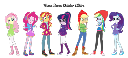 Size: 1623x731 | Tagged: safe, artist:allegro15, artist:selenaede, base used, character:applejack, character:fluttershy, character:pinkie pie, character:rainbow dash, character:rarity, character:sunset shimmer, character:twilight sparkle, my little pony:equestria girls, boots, clothing, converse, earmuffs, gloves, humane five, humane seven, humane six, shoes, snow cap, stockings, thigh highs, winter boots, winter cap, winter clothes, winter coat, winter hat, winter outfit