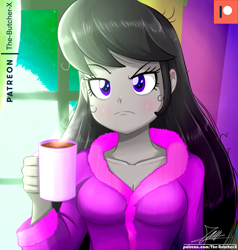 Size: 1160x1220 | Tagged: safe, artist:the-butch-x, character:octavia melody, my little pony:equestria girls, breasts, busty octavia, cleavage, clothing, commission, female, food, grumpy, looking at you, messy hair, morning, mug, octavia is not amused, patreon, patreon logo, raised eyebrow, robe, signature, solo, tea, unamused, window