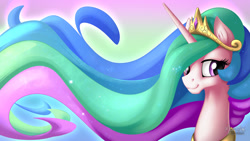 Size: 1920x1080 | Tagged: safe, artist:mysticalpha, character:princess celestia, crown, female, huge mane, impossibly long hair, jewelry, long mane, peytral, regalia, smiley face, solo