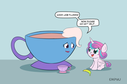 Size: 1000x667 | Tagged: safe, artist:empyu, character:princess flurry heart, character:trixie, species:alicorn, species:pony, species:unicorn, banana, banana for scale, cup, female, food, horn, inanimate tf, mare, objectification, teacup, teacupified, that pony sure does love teacups, transformation, trixie teacup, wings