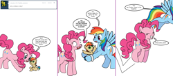 Size: 1808x800 | Tagged: safe, artist:dekomaru, character:pinkie pie, character:rainbow dash, oc, oc:nimbus, parent:applejack, parent:rainbow dash, parents:appledash, species:pony, tumblr:ask twixie, ask, comic, flying, holding a pony, magical lesbian spawn, offspring, pronking, tumblr