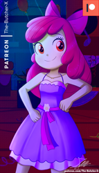 Size: 1600x2800 | Tagged: safe, artist:the-butch-x, character:apple bloom, episode:raise this roof, eqg summertime shorts, g4, my little pony: equestria girls, my little pony:equestria girls, adorabloom, apple bloom's bow, bow, clothing, commission, cute, dress, fall formal, fall formal outfits, female, hair bow, patreon, patreon logo, smiling, solo