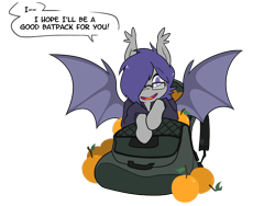 Size: 1408x1059 | Tagged: safe, artist:egophiliac, oc, oc only, oc:dusk rhine, species:bat pony, species:pony, backpack, bat pony oc, batpack, clothing, cute, dialogue, food, fruit, glasses, hair over one eye, happy, hoodie, looking at you, male, orange, simple background, solo, speech bubble, spread wings, stallion, transparent background, wings