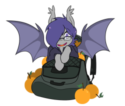 Size: 1140x968 | Tagged: safe, artist:egophiliac, oc, oc only, oc:dusk rhine, species:bat pony, species:pony, 2018 community collab, derpibooru community collaboration, backpack, batpack, clothing, cute, food, fruit, glasses, hair over one eye, happy, hoodie, looking at you, male, orange, simple background, solo, spread wings, stallion, transparent background, wings