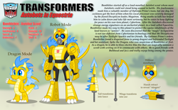 Size: 4094x2544 | Tagged: safe, artist:aleximusprime, species:dragon, autobot, autobots in equestria, axe, bumblebee, crossover, lance, robot, solo, transformation, transformers, weapon