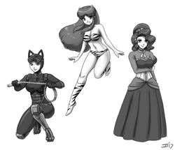 Size: 2000x1716 | Tagged: safe, artist:johnjoseco, character:cherry jubilee, species:human, belly button, breast hold, breasts, catwoman, cleavage, clothing, crossover, female, fumi hirano, grayscale, humanized, looking at you, lum invader, midriff, monochrome, simple background, smiling, urusei yatsura, voice actor joke, white background
