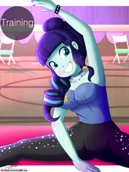 Size: 1020x1360 | Tagged: safe, artist:the-butch-x, character:coloratura, species:eqg human, g4, my little pony:equestria girls, armpits, breasts, busty coloratura, clothing, commission, exercise, female, grin, pants, rara, signature, smiling, solo, splits, stretching, sweat, training, yoga pants