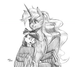 Size: 1300x1172 | Tagged: safe, artist:baron engel, character:apple bloom, character:princess luna, species:alicorn, species:earth pony, species:pony, comforting, duo, female, filly, grayscale, hug, mare, monochrome, pencil drawing, simple background, sketch, traditional art, white background, winghug