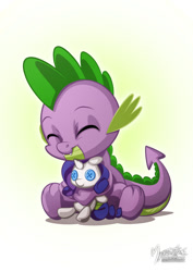 Size: 955x1351 | Tagged: safe, artist:mysticalpha, character:rarity, character:spike, species:dragon, species:pony, species:unicorn, ship:sparity, baby, baby dragon, button eyes, cuddling, cute, eyes closed, fangs, female, happy, hug, male, plushie, rarity plushie, shipping, signature, simple background, sitting, solo, spikabetes, straight, white background