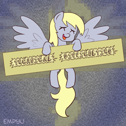 Size: 1000x1000 | Tagged: safe, artist:empyu, character:derpy hooves, species:pegasus, species:pony, eyes closed, female, mare, sign, smiling, solo, technical difficulties