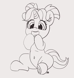 Size: 2691x2815 | Tagged: safe, artist:pabbley, character:starlight glimmer, species:pony, species:unicorn, :d, belly button, cute, female, filly, filly starlight glimmer, frog (hoof), glimmerbetes, happy, hoofbutt, lineart, monochrome, pigtails, raised hoof, sitting, smiling, solo, underhoof, younger