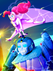 Size: 1020x1360 | Tagged: safe, artist:the-butch-x, character:fili-second, character:pinkie pie, episode:power ponies, g4, my little pony: friendship is magic, my little pony:equestria girls, autobot, blurr, boots, clash of hasbro's titans, clothing, crossover, fast, female, grin, high heel boots, robot, shoes, signature, smiling, transformers