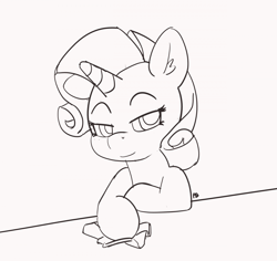 Size: 1280x1206 | Tagged: safe, artist:pabbley, character:rarity, species:pony, species:unicorn, 30 minute art challenge, female, mare, monochrome, sketch, smiling, solo