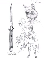 Size: 1100x1437 | Tagged: safe, artist:baron engel, character:photo finish, species:anthro, species:unguligrade anthro, clothing, female, grayscale, monochrome, pencil drawing, scar, scarred, simple background, solo, stiletto, sunglasses, switchblade, traditional art, weapon, white background