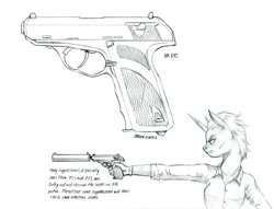 Size: 1400x1067 | Tagged: safe, artist:baron engel, character:zesty gourmand, species:anthro, species:pony, species:unicorn, clothing, female, grayscale, gun, handgun, hk p9, mare, monochrome, pencil drawing, simple background, sketch, solo, suppressor, traditional art, weapon, white background