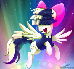 Size: 1871x1742 | Tagged: safe, artist:the-butch-x, character:songbird serenade, species:pegasus, species:pony, my little pony: the movie (2017), bow, clothing, female, flying, hair bow, headworn microphone, mare, microphone, open mouth, smiling, solo, spread wings, wings