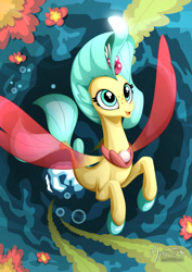 Size: 955x1351 | Tagged: safe, artist:mysticalpha, character:princess skystar, species:seapony (g4), g4, my little pony: the movie (2017), angler seapony, bioluminescent, female, freckles, glow, smiling, solo, swimming, underwater