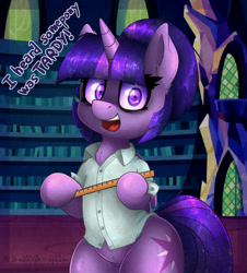 Size: 1312x1449 | Tagged: safe, artist:duop-qoub, artist:pabbley, character:twilight sparkle, character:twilight sparkle (alicorn), species:alicorn, species:pony, alternate hairstyle, bipedal, clothing, collaboration, descended twilight, dialogue, female, hair bun, imminent spanking, implied femdom, looking at you, mare, open mouth, ruler, shirt, shrunken pupils, smiling, solo, this will end in pain, twilight's castle, wide hips