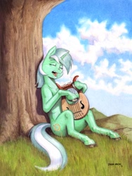 Size: 1100x1461 | Tagged: safe, artist:baron engel, character:lyra heartstrings, species:pony, species:unicorn, against tree, colored pencil drawing, eyes closed, female, lyre, mare, open mouth, playing, singing, solo, traditional art, tree, under the tree