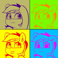 Size: 1500x1500 | Tagged: safe, artist:pabbley, edit, character:rainbow dash, species:pegasus, species:pony, 30 minute art challenge, :3, andy warhol, blep, color porn, cute, dashabetes, ear fluff, eyestrain warning, female, floppy ears, looking at you, looking up, loss (meme), mare, meme, modern art, needs more saturation, pop art, silly, silly pony, simple background, smiling, solo, tongue out