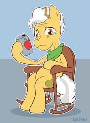 Size: 733x1000 | Tagged: safe, artist:empyu, character:grand pear, species:earth pony, species:pony, 30 minute art challenge, can, crying, elderly, male, rocking chair, sad, sitting, solo