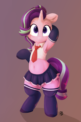 Size: 763x1147 | Tagged: safe, artist:pabbley, artist:transgressors-reworks, edit, character:starlight glimmer, species:pony, species:unicorn, arm behind head, armpits, belly button, bipedal, clothing, colored, cute, female, glimmerbetes, gloves, gradient background, mare, midriff, miniskirt, moe, necktie, pleated skirt, raised hoof, school uniform, semi-anthro, shirt, shoes, short shirt, signature, skirt, socks, solo, thigh highs