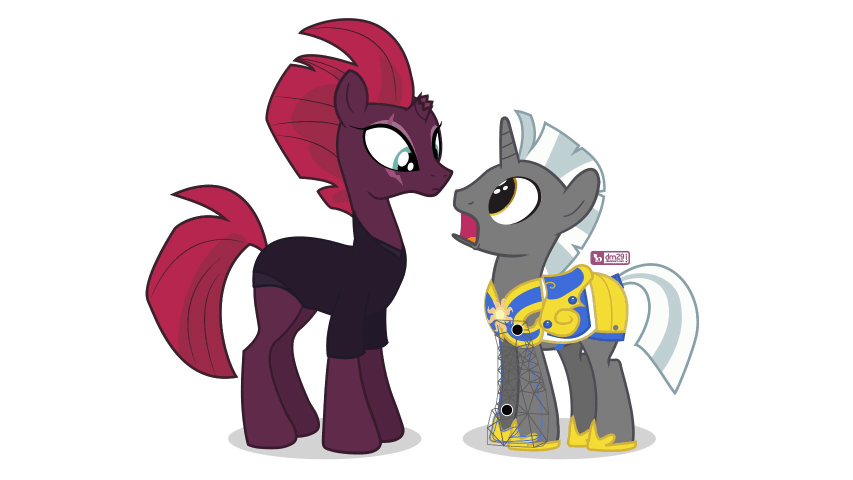 Size: 853x480 | Tagged: safe, artist:dm29, derpibooru original, character:tempest shadow, oc, oc:scope, species:pony, species:unicorn, my little pony: the movie (2017), adobe illustrator, animated, armor, broken horn, cursor, duo, eye scar, female, male, mare, open mouth, royal guard, scar, shocked, show accurate, simple background, size difference, smaller male, stallion, this will end in tears and/or death, touch