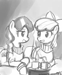 Size: 671x813 | Tagged: safe, artist:johnjoseco, character:apple bloom, character:diamond tiara, species:earth pony, species:pony, ship:diamondbloom, clothing, female, filly, grayscale, lesbian, monochrome, mug, prone, shipping, sketch, smiling, sweater