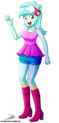 Size: 1004x2096 | Tagged: safe, artist:the-butch-x, character:lyra heartstrings, my little pony:equestria girls, boots, breasts, busty lyra heartstrings, clothing, cutie mark necklace, female, high heel boots, jewelry, looking at you, lyre, necklace, open mouth, shoes, shorts, simple background, skirt, smiling, solo, transparent background, waving