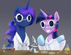 Size: 990x765 | Tagged: safe, artist:silfoe, character:princess luna, character:twilight sparkle, species:alicorn, species:pony, :<, clothing, dropper, female, flask, gloves, goggles, gray background, grin, lab coat, mare, microscope, petri dish, science, simple background, smiling, table, test tube