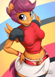 Size: 955x1351 | Tagged: safe, artist:mysticalpha, character:scootaloo, species:anthro, species:pegasus, species:pony, alternate hairstyle, belly button, belt, breasts, caramella girls, caramelldansen, clothing, cute, female, leggings, looking at you, midriff, miniskirt, moe, older, older scootaloo, skirt, skirtaloo, smiling, socks, solo, tail, thigh highs, tight clothing, wings, zettai ryouiki