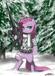 Size: 800x1100 | Tagged: safe, artist:johnjoseco, character:pinkamena diane pie, character:pinkie pie, species:earth pony, species:pony, bandage, bipedal, blood, gun, injured, looking at you, rifle, snow, weapon