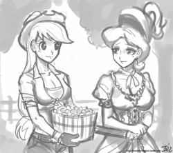 Size: 800x711 | Tagged: safe, artist:johnjoseco, character:applejack, character:cherry jubilee, species:human, breasts, busty applejack, busty cherry jubilee, cleavage, female, grayscale, humanized, monochrome