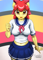 Size: 955x1351 | Tagged: safe, artist:mysticalpha, character:apple bloom, species:anthro, species:earth pony, species:pony, belly button, bow, bracelet, caramella girls, caramelldansen, clenched fist, clothing, cute, female, hair bow, jewelry, looking at you, midriff, older, open mouth, pleated skirt, sailor uniform, skirt, socks, solo, thigh highs, zettai ryouiki