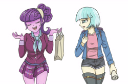 Size: 6200x4092 | Tagged: safe, artist:sumin6301, character:coco pommel, character:suri polomare, equestria girls:friendship games, g4, my little pony: equestria girls, my little pony:equestria girls, absurd resolution, backpack, boots, clothing, crystal prep academy uniform, equestria girls-ified, eyes closed, female, open mouth, paper bag, plaid skirt, school uniform, shoes, shorts, shrug, simple background, smiling, thigh boots, white background