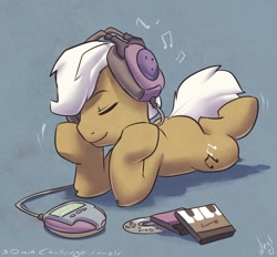 Size: 1000x927 | Tagged: safe, artist:atryl, character:frederic horseshoepin, species:pony, cd, crush, cute, eyes closed, fluffy, fredscratch, headphones, listening, male, music, prone, shipping, smiling, stallion, straight