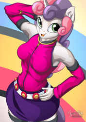 Size: 955x1351 | Tagged: safe, artist:mysticalpha, character:sweetie belle, species:anthro, species:pony, species:unicorn, arm behind head, armpits, belt, caramella girls, caramelldansen, clothing, female, horn, looking at you, moe, older, open mouth, skirt, socks, solo, thigh highs, zettai ryouiki