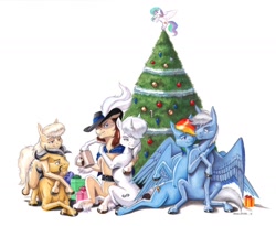 Size: 1400x1150 | Tagged: safe, artist:baron engel, character:princess celestia, character:rainbow dash, oc, oc:carousel, oc:dusty katt, oc:petina, oc:sky brush, species:pony, species:unicorn, canon x oc, christmas, christmas tree, clothing, commission, hat, holiday, ornaments, present, simple background, smiling, top hat, tree, white background