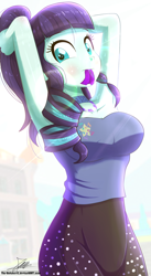 Size: 1020x1860 | Tagged: safe, artist:the-butch-x, character:coloratura, species:eqg human, g4, my little pony:equestria girls, arm behind head, armpits, breasts, busty coloratura, choker, clothing, female, looking at you, pants, signature, solo, sweat, yoga pants