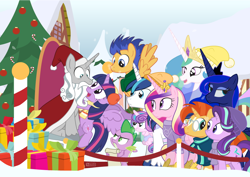 Size: 1050x742 | Tagged: safe, artist:dm29, character:flash sentry, character:princess cadance, character:princess celestia, character:princess flurry heart, character:princess luna, character:shining armor, character:spike, character:star swirl the bearded, character:starlight glimmer, character:sunburst, character:twilight sparkle, character:twilight sparkle (alicorn), species:alicorn, species:dragon, species:pegasus, species:pony, species:unicorn, :t, annoyed, christmas, christmas tree, clothing, costume, cute, eye contact, fangirl, female, flurry heart is not amused, flying, frown, glare, glasses, happy, hat, hearth's warming, holiday, hug, lidded eyes, looking at each other, luna is not amused, mare, open mouth, present, santa claus, santa costume, santa hat, scarf, scroll, sitting, smiling, spike is not amused, spread wings, sweater, swirlabetes, tree, twiabetes, unamused, wide eyes, wings