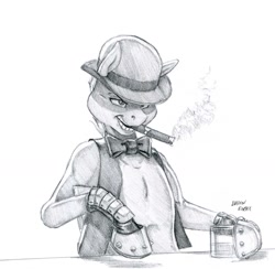 Size: 1300x1267 | Tagged: safe, artist:baron engel, oc, oc only, oc:heartbreaker, species:anthro, bow tie, bowler hat, cigar, clothing, grayscale, hat, monochrome, pencil drawing, simple background, smoking, solo, traditional art, white background
