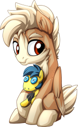 Size: 739x1200 | Tagged: safe, artist:mysticalpha, oc, oc only, oc:ruby rustfeather, oc:tinkerwing, species:pegasus, species:pony, 2018 community collab, derpibooru community collaboration, button eyes, hoof hold, plushie, simple background, sitting, solo, tinkerfeather, transparent background