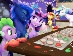 Size: 1980x1530 | Tagged: safe, artist:silfoe, character:princess celestia, character:princess luna, character:spike, character:sunset shimmer, character:twilight sparkle, character:twilight sparkle (alicorn), oc, oc:sparkling sapphire, parent:sci-twi, parent:sunset shimmer, parents:scitwishimmer, species:alicorn, species:dragon, species:pony, ship:twiluna, cookie, cooking, eyes closed, female, food, glowing horn, happy, hearth's warming, horn, kitchen, lesbian, licking, licking lips, magic, magical lesbian spawn, mare, offspring, oven mitts, shipping, smiling, telekinesis, tongue out, twilight's castle, wings