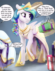 Size: 5100x6600 | Tagged: safe, artist:silfoe, character:princess celestia, character:rarity, species:alicorn, species:pony, species:unicorn, ship:rarilestia, absurd resolution, alternate hairstyle, bong, clothing, commission, dialogue, dress, drugs, female, floppy ears, glowing horn, lesbian, magic, mare, marijuana, married, married couple, present, shipping, telekinesis