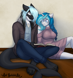 Size: 2761x2968 | Tagged: safe, artist:askbubblelee, oc, oc only, oc:bubble lee, oc:mako, species:anthro, species:plantigrade anthro, species:pony, species:unicorn, anthro oc, book, clothing, couple, female, freckles, makolee, male, mare, nervous, oc x oc, orca pony, original species, piercing, shipping, sitting, stallion, story in the source, straight, sweat, sweater, sweater dress, sweater puppies