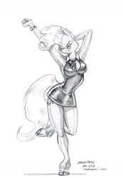 Size: 1000x1441 | Tagged: safe, artist:baron engel, character:mayor mare, species:anthro, species:unguligrade anthro, arm behind head, armpits, breasts, busty mayor mare, clothing, dancing, dress, eyes closed, female, glasses, grayscale, little black dress, monochrome, pencil drawing, simple background, smiling, solo, stupid sexy mayor mare, traditional art, unshorn fetlocks, white background